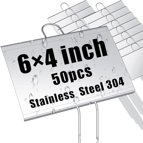 Landhoow 50 Pcs Large Garden Plant Markers Metal Plant Labels Sign with 11 Inch Stake Weatherproof Waterproof Garden Sign for Outdoor Seedlings Herbs Vegetable Greenhouse (4x6inch,Silver)