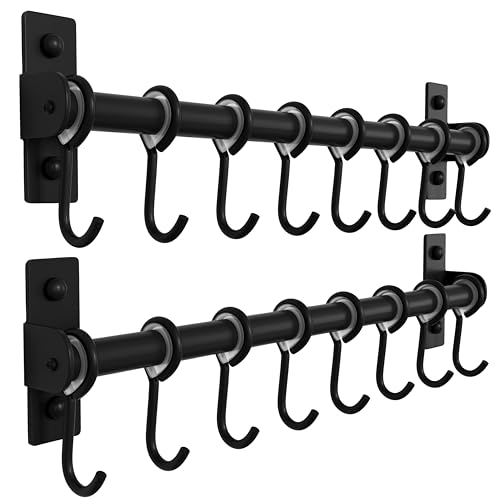 Dseap Kitchen Hooks for Hanging Utensils, Hanging Pot Rack, Kitchen Utensil Hanger Rail with 8 Hooks for Pots Pans, Spoons, Mugs, Wall Mounted, Stainless Steel, Black, Pack of 2