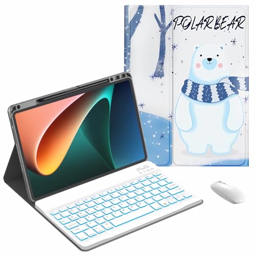 JZCZMCE Keyboard Case for Xiaomi Mi Pad 5/5 Pro 11 inch 2021, 7 Color Backlit, Built in Pencil Holder, Magnetic Detachable Wireless Keyboard with Bluetooth Mouse,White