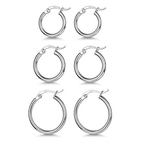 3 Pairs 925 Sterling Silver Hoop Earrings Small White Gold Plated Hoop Earrings for Women (13mm, 15mm, 20mm)