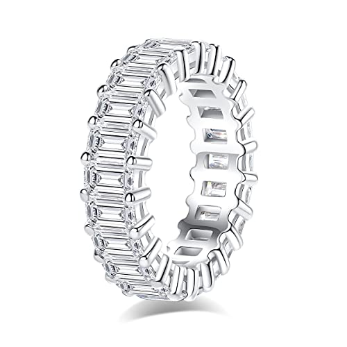 AnuClub Moissanite Wedding Ring, Emerald Cut 5cttw D Color 925 Sterling Silver Eternity Band Ring for Women Size 8