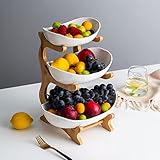 Liywall - 3 Tier Ceramic Fruit Bowl With Bamboo Wood Stand for Kitchen Counter,Porcelain Fruit Basket for Vegetable Storage,Snack Dessert Cake Tray Plate Rack for Party Wedding - White