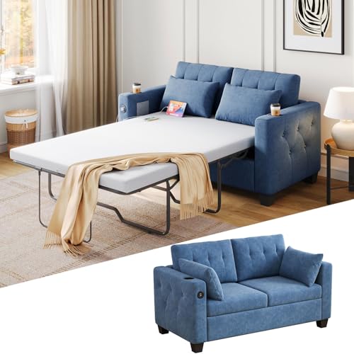 LINSY HOME Pull Out Sofa Bed - Queen Size Sleeper Sofa Bed Couch, Convertible Couch Bed with Memory Foam Mattress & Wood Bed Frame, Pullout Loveseat Couch Bed for Living Room Apartment Office (Blue)