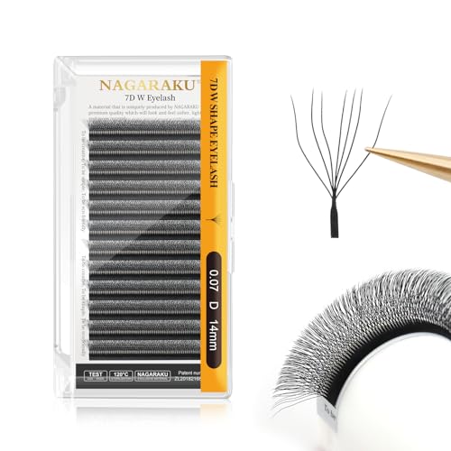 NAGARAKU W Shape Eyelash Extension 7D Cluster Premade Fans Eye Lashes Faux Mink Matte Black Easy Fanning False Eyelashes (0.07mm D curl 14mm)