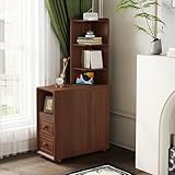 Tall End Table with Drawers and Shelves, Narrow Side Table with Charging Station, High Slim Corner Cabinet Bedside Table with Storage Bookcase for Living Room Bedroom, Walnut