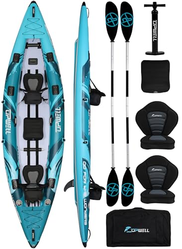 Angler 14'6" Inflatable Fishing Kayak with Drop Stitch Floor 2-3 Person Adult Blow up Kayaks Foldable Pedal Boat Canoe, Blue
