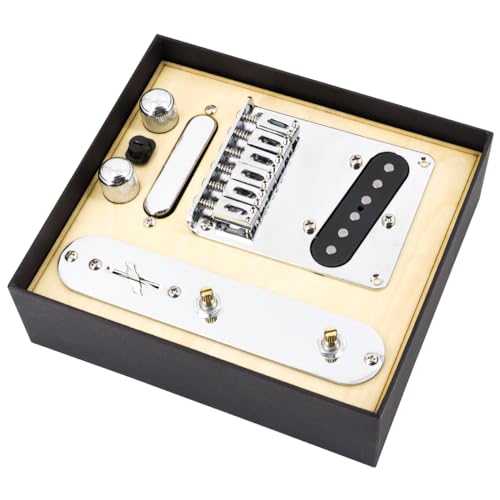 Domofa 6 Strings Saddle Bridge Plate Prewired 3 Way Switch Control Plate Neck Pickup Set for Squier Telecaster Electric Guitar Replacement Parts Chrome