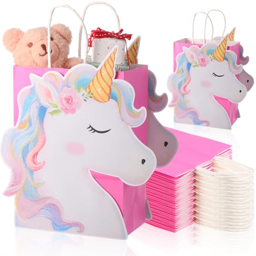 Kolldenn 24 Pack Unicorn Party Favor Bags Goody Bags with 48 Pcs Cardstocks and Handles for Unicorn Birthday Party Gift Goody Treat Candy for Unisex Favors
