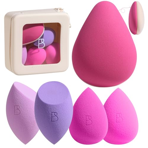 BS-MALL Makeup Sponge Set 6 Pcs – Premium 4 Regular Sponges, 1 Extra-Large Dual-Use Sponge, & Waterproof Silicone Cosmetic Bag (Rose red & purple series)
