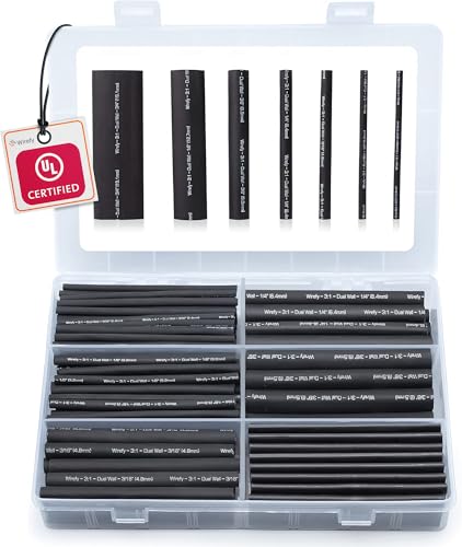 Wirefy Heat Shrink Tubing Kit 180 PCS - 3:1 Ratio Adhesive Lined, Wire Shrink Wrap Tubing - Industrial Heat-Shrink Tubing - Black - Shrink Wrap Tubing | Trusted UL Certification
