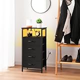 Yoobure Night Stand - Small Dresser for Bedroom, LED Black Nightstand with Charging Station, Bedside Table with 4 Fabric Drawers and Open Shelf, Vertical Dressers with USB Ports and Outlets