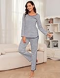 Namatime Womens Cotton Pajama Sets 2 Piece Lounge Set Stripe Long Sleeve Comfy Pj Set Spring Loungewear Sleepwear with Pockets Soft Maternity Pajamas 2025 Navy L