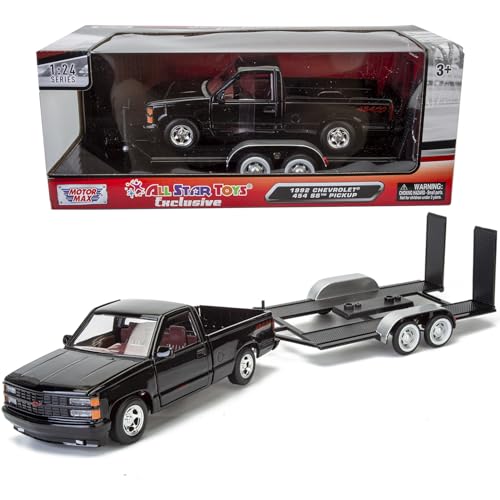 All Star Toys 1992 Chevrolet C1500 454SS, Black with Red Interior, and Towing Trailer, 1:24 Diecast Model Silverado, 454 SS Motormax 73203/76001