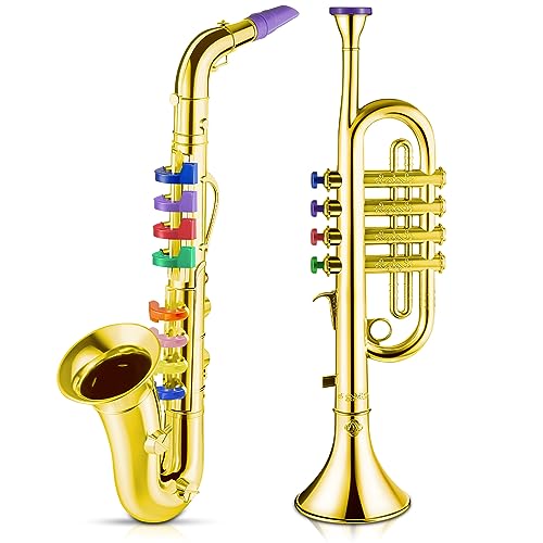 Lewtemi Set of 2 Musical Instruments Include Toy Trumpet and Saxophone Set Plastic Trumpet Educational Toy Home School Music Gift, Color Keys(Gold)