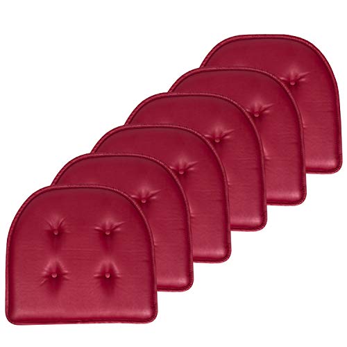 Sweet Home Collection Chair Cushion Memory Foam Pads Tufted Slip Non Skid Rubber Back U-Shaped 17" x 16" Seat Cover, 6 Pack, Faux Leather Burgundy Red, (Pack of 2)