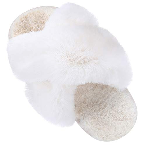 Girl's Soft Plush Lightweight House Slippers Non Slip Cross Band Slip on Open Toe Cozy Indoor Outdoor Slippers WT30 Cream