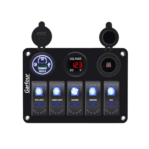 Garfour 5 Gang Waterproof Boat Switch Panel Marine Rocker Switch with 12V Voltmeter Type-C and QC 3.0 USB Charging Socket for Car Boat