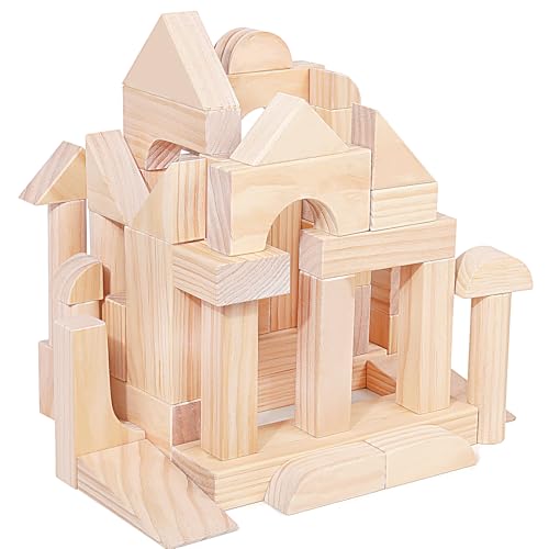 Large Wooden Building Blocks Set - Educational Preschool Learning Toys with Wooden Storage Box, Toddler Blocks Building and Stacking Toys for 3+ Year Old Boy and Girl Gifts