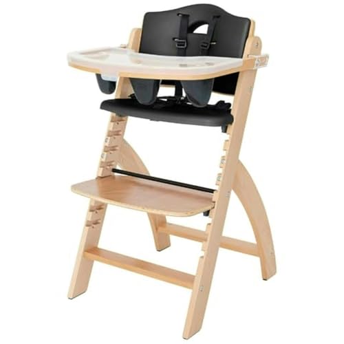 Abiie Beyond Junior Wooden High Chair with Tray. The Perfect Adjustable Baby Highchair Solution for Your Babies and Toddlers or as a Dining Chair. 6 Months up to 250 Lb. Natural Wood/Black Cushion