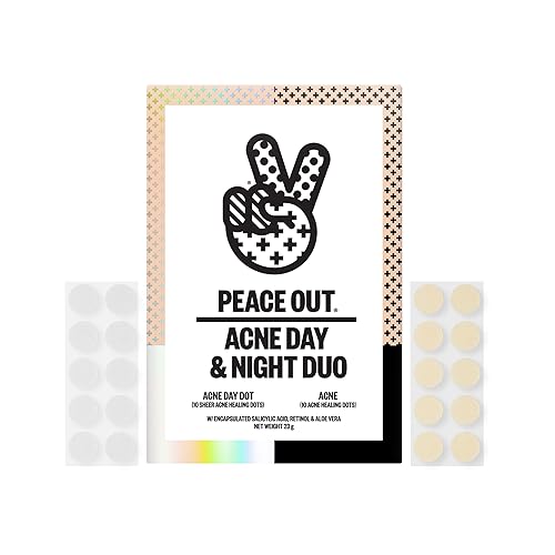 PEACE OUT Skincare Acne Day & Night Duo. 6-hour Fast Acting Sheer Hydrocolloid Pimple Patches and Overnight Acne Dots with Salicylic Acid, Stickers to Cover and Clear Breakouts, 20 dots