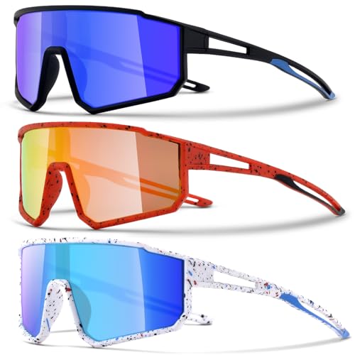 CMBJJU 3PACK Kids Sunglasses,Youth Baseball Glasses,Cycling Goggles for 6-14 Boys Girls,UV400 Protection (3pcs-Black Blue+Red Yellow+White Blue-K04)
