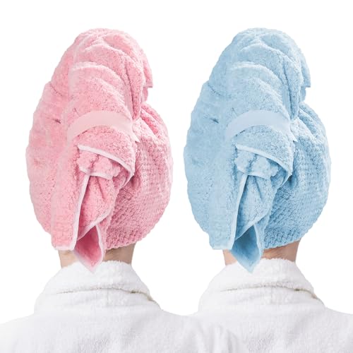 Microfiber Hair Towel Wrap for Women 2 Pack, Soft Hair Drying Towel Anti Frizz with Elastic Strap, Ultra Absorbent Drying Hair Turbans for Curly, Wet Hair, Long, Thick Hair