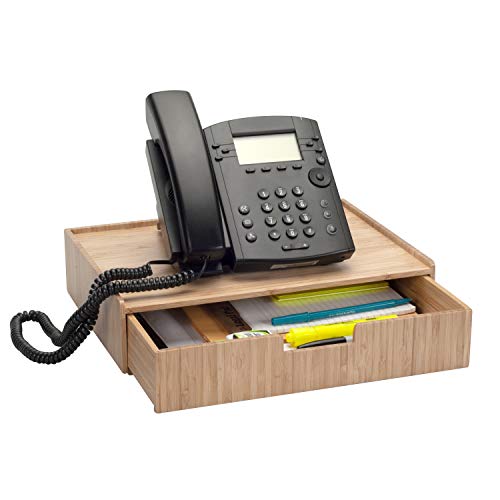 MobileVision Bamboo Telephone Stand with Drawer Stackable Storage Solution for Office Products Pens, Pencils, Scissors, Notepads, Business Cards and More
