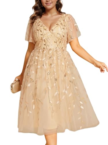 Ever-Pretty Women's V Neck Short Sleeves Embroidery Empire Waist Sequin Plus Size Midi Cocktail Wedding Guest Dresses Gold US26