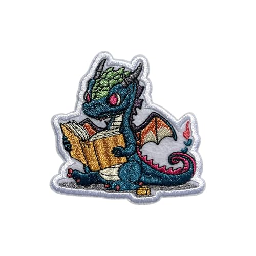 ROISEPOSIE Dragon Reading Book Patch, 3 Inches Iron On/Sew On Embroidered Applique Fabric Fantasy Dragon Patches for Clothes Backpacks Hat Jeans, Cute Bookish Embroidery Patches for Book Lovers