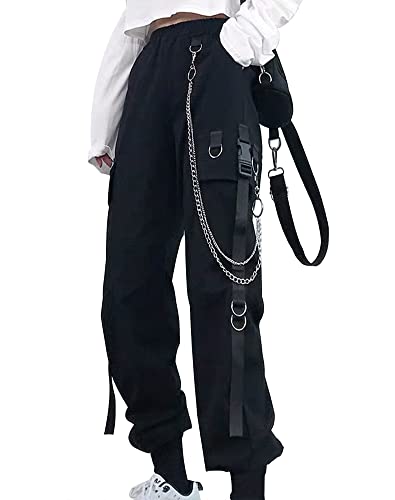 Kisswow High Waisted Baggy Cargo Pants Women Jogger Pants with Chain Punk Streetwear Tripp Street Style Fashion for Women