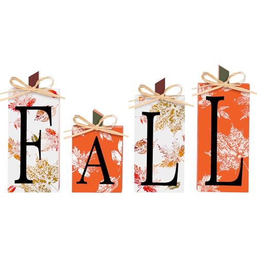 Super Holiday Fall Decor, 4 PCS Autumn Wood Sign Include Fall Lettered Block Tabletop Decorations, for Farmhouse Harvest Thanksgiving Home Office Indoor Party Decor.