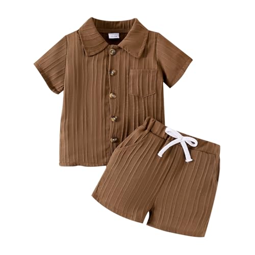 Baby Boy Outfits 12-18 Months Toddler Clothes Ribbed Button-Down Short Sleeve Shirt Tops + Casual Shorts Pocket Summer 2PCS set Brown Without Tee 12-18 Months