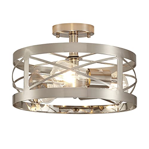 SHENGQINGTOP Modern 3-Light Semi-Flush Mount Ceiling Light 13 Inches Round Lighting Fixtures for Kitchen Island Dining Room Bedroom Farmhouse Foyer Hallway Front Door, Brushed Nickel Finish