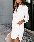 Aoudery Womens Button Down Shirt Dresses with Pockets Cotton Button Up Tunics Long Sleeve Solid High Low Blouse Tops-White-M