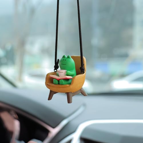 Gmngis Frog Rear View Mirror Hanging Accessories Cute Frog Sitting Sofa Reading and Drinking Coffee Car Hanging Ornament Pendant Interior Rearview Mirror Decoration