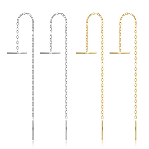 Hanging Earrings Dainty Earrings for Women Sterling Silver,Silver Long Earrings Gold/White Gold Plated,Tassel String Earrings Threader Simple T Bar 2 Packs