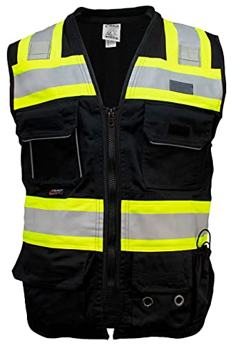 Fierce Safety SU500B Premium Surveyors Class 1 Black Heavy Duty Vest, Tablet Pockets & Neck Padding | 100 Polyester Optimal Breathability Contrasting Reflective Meets ANSI Standards, Medium