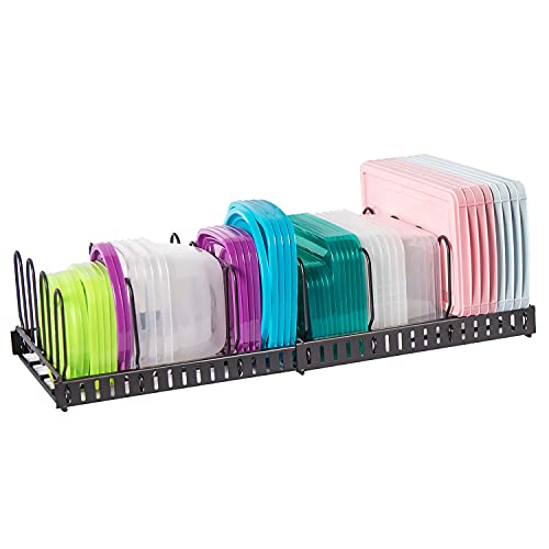 Expandable Food Container Lid Organizer,Large Capacity Adjustable 8 Dividers Detachable Lid Organizer Rack for Cabinets, Cupboards, Pantry Shelves, Drawers Keep Kitchen Tidy,Black 10.2”wide,3.6 Pound.