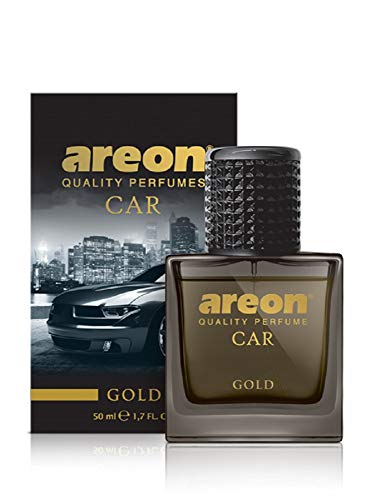 AREON Car Perfume Gold - Air Freshener in Glass Bottle - Luxury Odor Eliminator Spray with Absorber Hanging Pad - Unique Fragrance & Long-Lasting Aroma for Vehicle, Office, Home - Made in Europe, 50ml