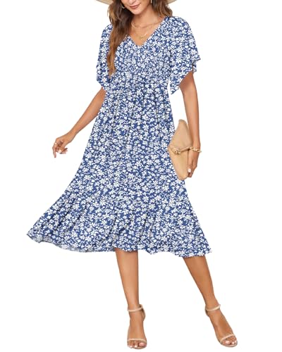 AUSELILY Women's Summer Empire Waist Dress Smocked Flutter Short Sleeve V Neck Midi Dresses 2025 New Gray Blue Flower 2XL