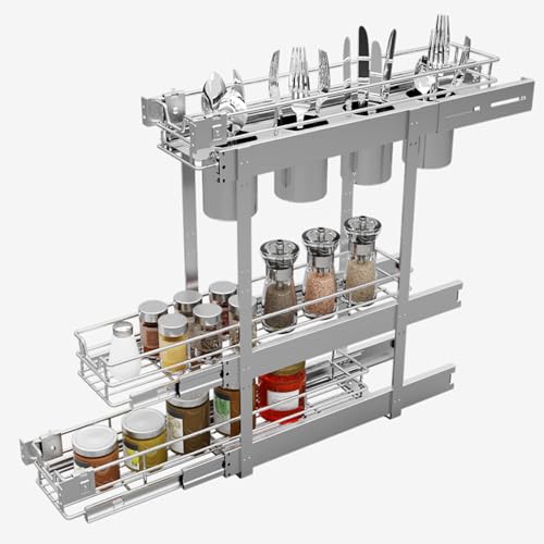 Sikarou 3-Tier 5" W x 21" D Narrow Pull Out Cabinet Organizer, Roll out Spice Rack Holder Shelve, Slide Out Slim Storage Wire Baskets for Storage Organization