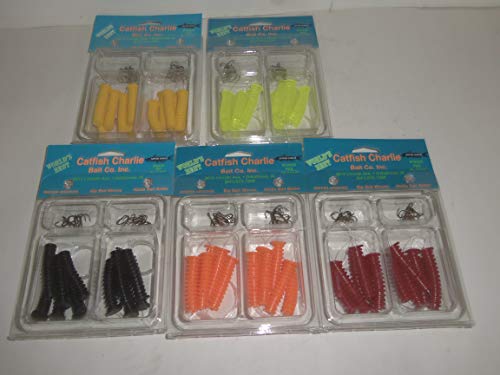 Catfish Charlie Dip Bait Worms, 5 Piece Variety (12 Packs), Red, Orange, Yellow, Chartreuse, Black