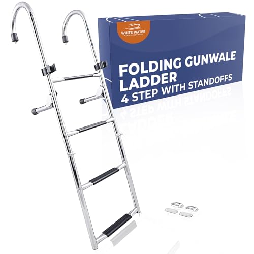 White Water - B00365-4 Step Gunwale-Mounted Removable Ladder | Marine 304 Stainless Steel Heavy-Duty Boarding Ladder | Corrosion-Resistant w/Deck Mount Brackets | Non-Slip Steps for Boats & Yachts