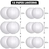 YUNXUAN Paper Lanterns Decorative, White Hanging Paper Lanterns with Lights for Wedding Anniversary Birthday Party 12 LED Light Round Chinese Lanterns 12" 10" Pack of 12