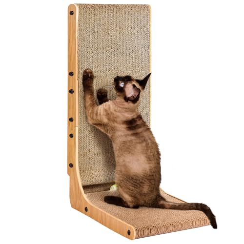 EHEYCIGA Cardboard Cat Scratcher for Indoor Cats, 26.8 Inch L Shaped Vertical Cat Scratching Board with Ball Cat Toy, Large Cat Scratcher Pad, Brown