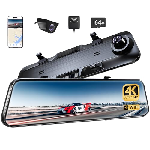 P12 Plus 4K WiFi Rear View Mirror Camera, 12" Mirror Dash Cam Front and Rear with ADAS and BSD, Backup Camera for Car, GPS, 64GB Card Included, WDR Night Vision, Voice Control