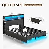 Rolanstar Queen Bed Frame with Storage Headboard, Metal Platform Charging Station, LED 4 Drawers, Bookcase Storage, No Box Spring Needed, Easy Assembly, Noise-Free, Black