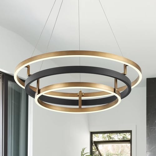 LED 3-Ring Chandelier Black Gold Chandelier Light Fixture Dimmable Round Foyer Chandeliers Modern Circular Chandeliers Light for Dining Room Entry Bedroom Office Living Room 24in