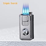 Vrufamt Refillable Butane Torch Lighter with Built-in Holder and 3 Jet Flame - All-in-1 Tool for Men (Butane not Included)