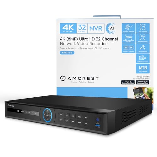 Amcrest 4K NV5232-EI 32CH AI NVR, Smart NVR, Facial Recognition, Facial Detection & Vehicle Detection - Supports 32 x 4K IP Cameras, Supports 2 x 16TB HDD (Not Included) (No PoE Ports Included)